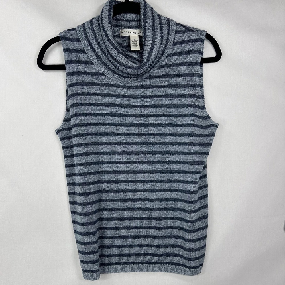 Vintage Josephine Chaus Striped Cowl Neck Knit Top Sleeveless Blue Gray Sweater